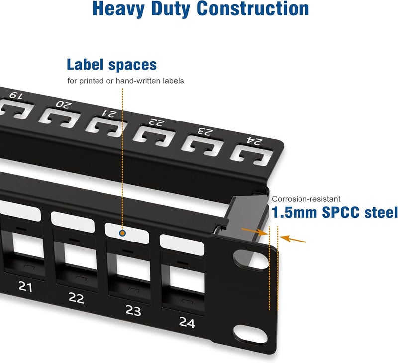 iwillink 24 Port Blank Keystone Patch Panel with Blank Keystone Jack Inserts 1U 19'' Metal Rackmount or Wallmount Housing for Keystone Jacks Keystone Panel - Image 4